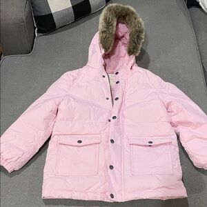 Hanna Andersson Pink Down Puff Coat with Removable Faux Fur Hood